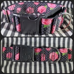 Hand Crafted Black Buckle Rose Bud Dog Farm Collar With Pink Rose Pattern NWT